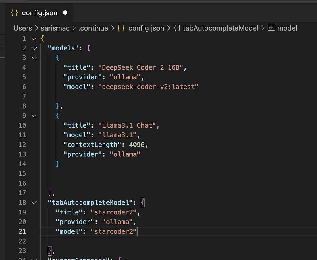 Continue configuration interface